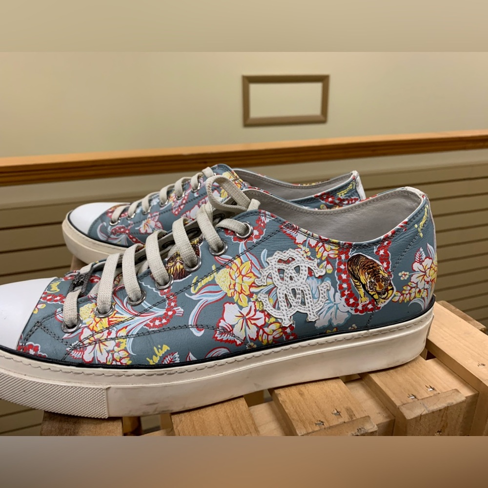 Roberto Cavalli Floral Low Leather Sneakers Sz 45 - Picture 2 of 15